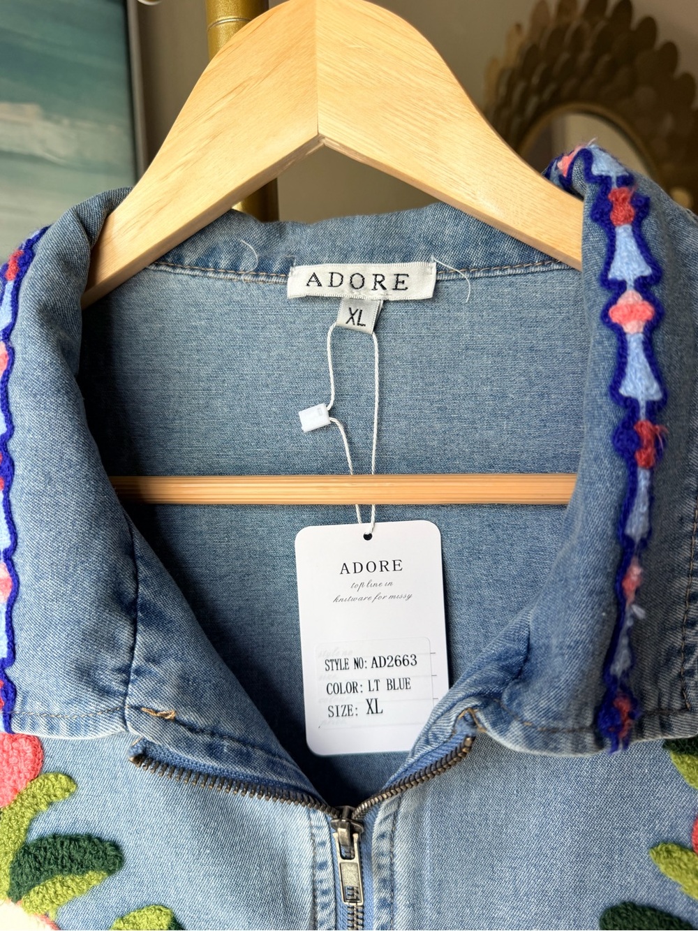 NWT Adore XL Embroidered Zip Front Denim Jacket Floral Statement Blue Boho - Picture 4 of 15